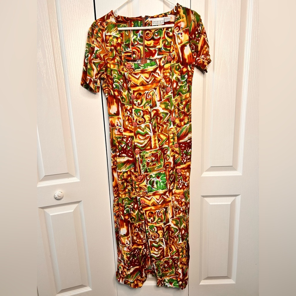 Studio C Women’s Colorful Abstract Print Midi Slit Dress Size 8 Vintage Boho